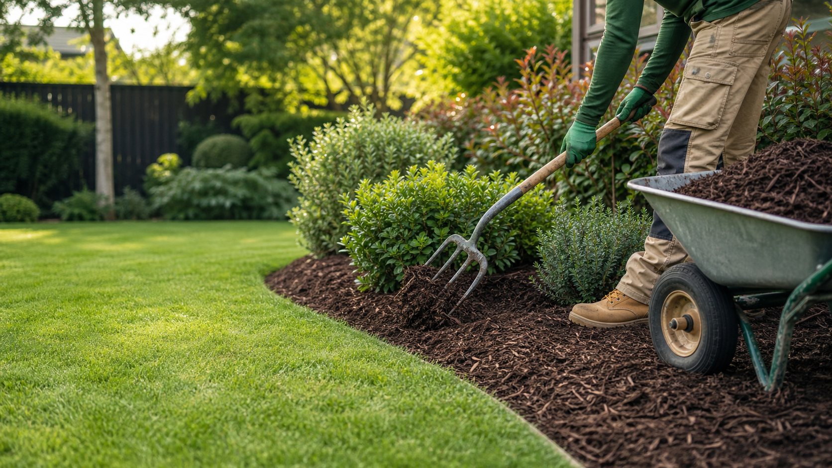 Spreading fresh bark mulch