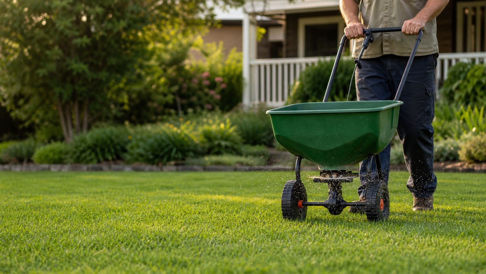 Fertilising a thick green lawn