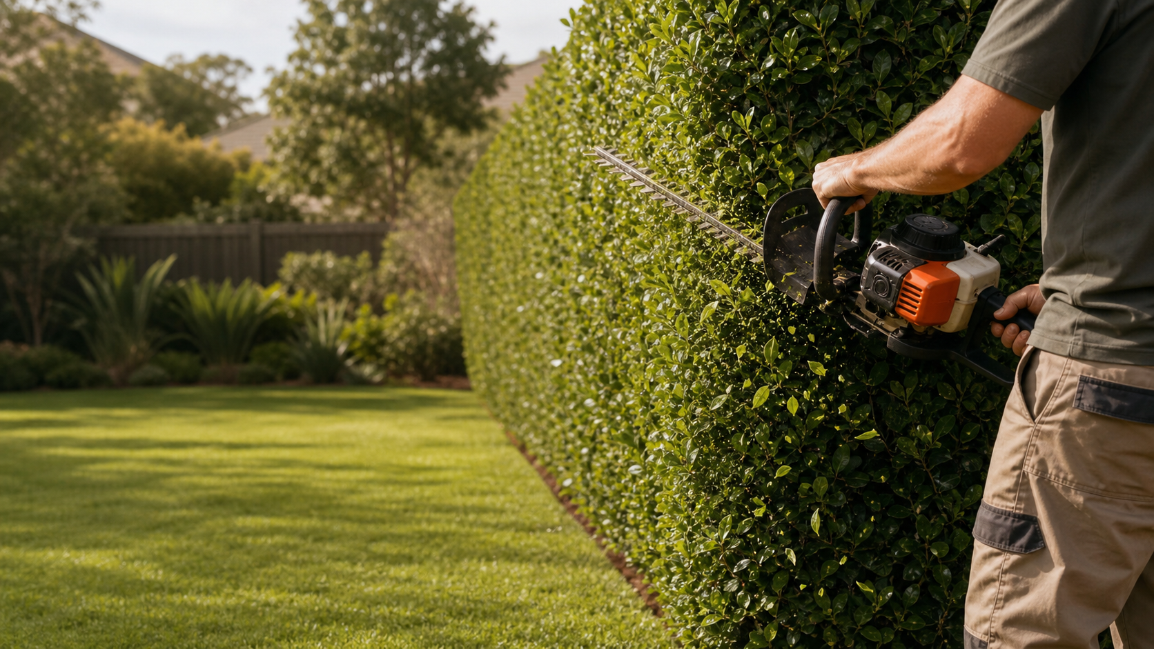 Trimming a tall green hedge