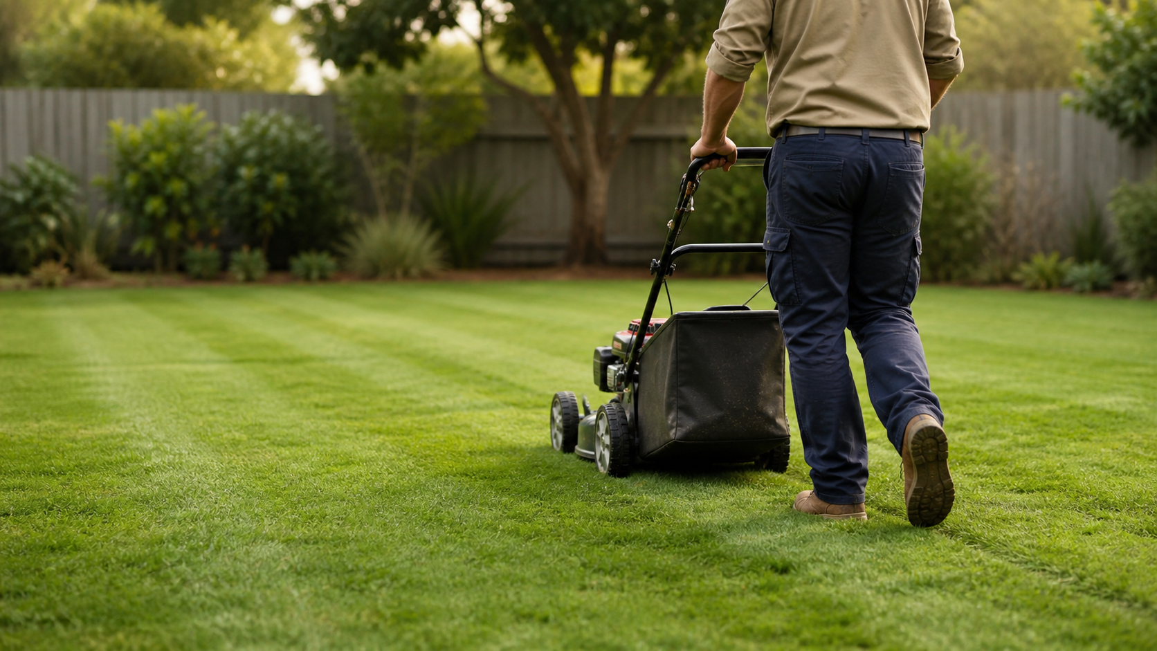 Lawn mowing in Mirrabooka — Walter mowing a healthy green backyard lawn with a push mower