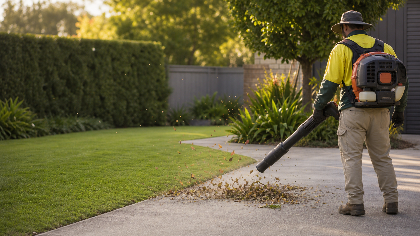 Leaf blowing a driveway clean