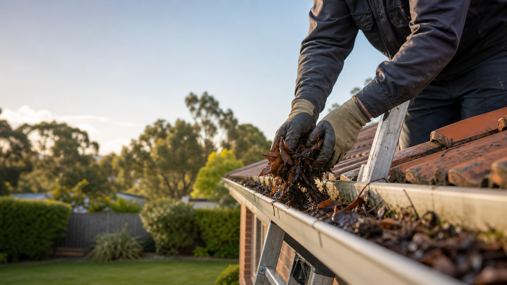 Clearing leaves from a roof gutter